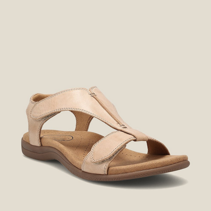 Beige orthopedic leather sandals with adjustable strap and cushioned footbed