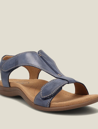 Blue orthopedic leather sandals with adjustable strap and cushioned footbed