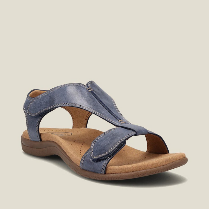 Blue orthopedic leather sandals with adjustable strap and cushioned footbed