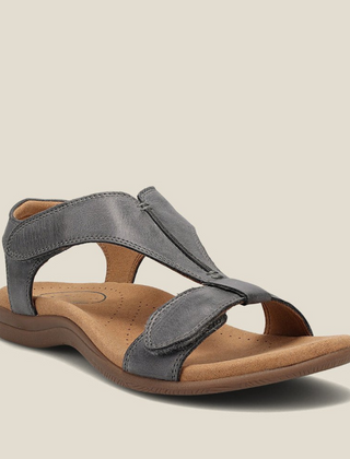 Gray orthopedic leather sandals with adjustable strap and cushioned footbed