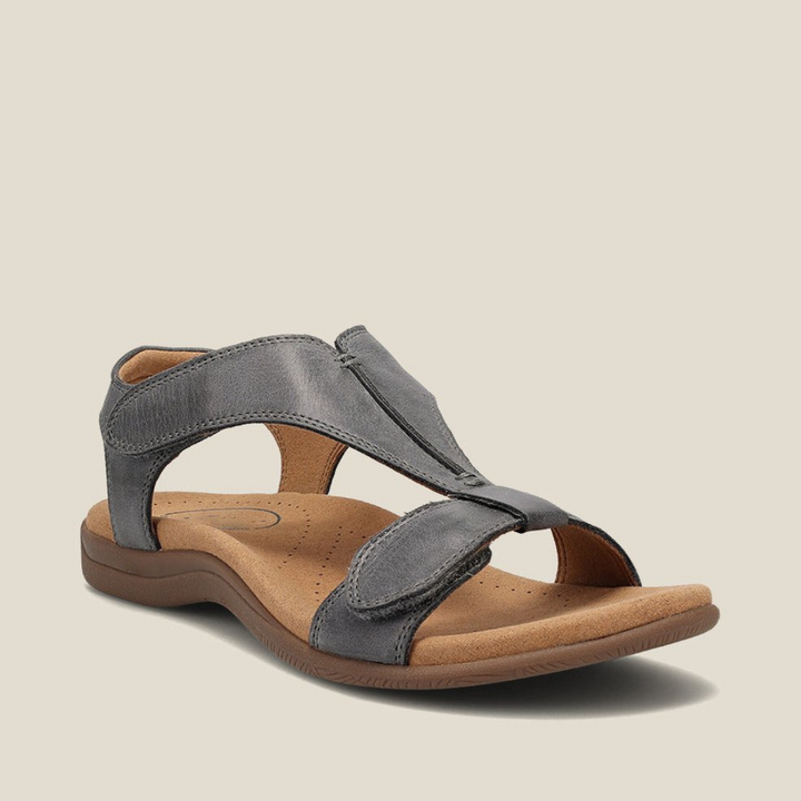 Gray orthopedic leather sandals with adjustable strap and cushioned footbed