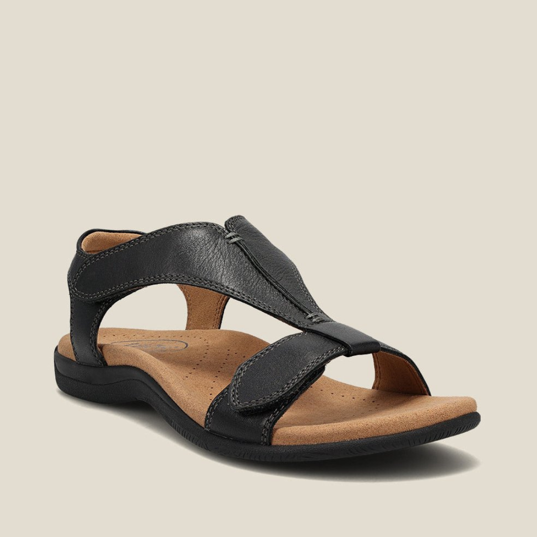 Black orthopedic leather sandals with adjustable strap and cushioned footbed