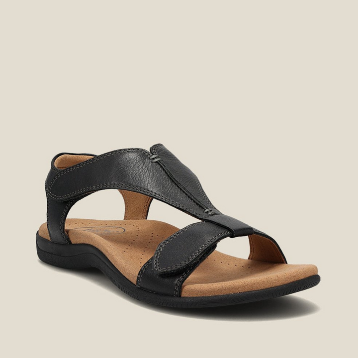 Black orthopedic leather sandals with adjustable strap and cushioned footbed
