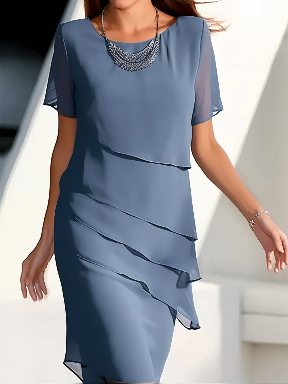 Blue silk chiffon pleated dress with short sleeves and layered ruffle front