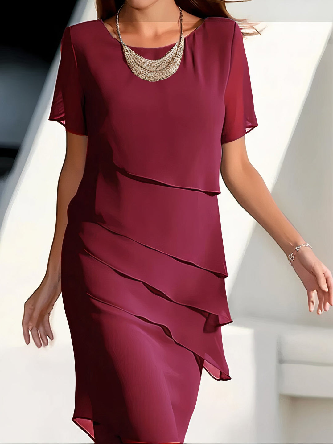 Burgundy silk chiffon pleated dress with short sleeves and draped ruffle front