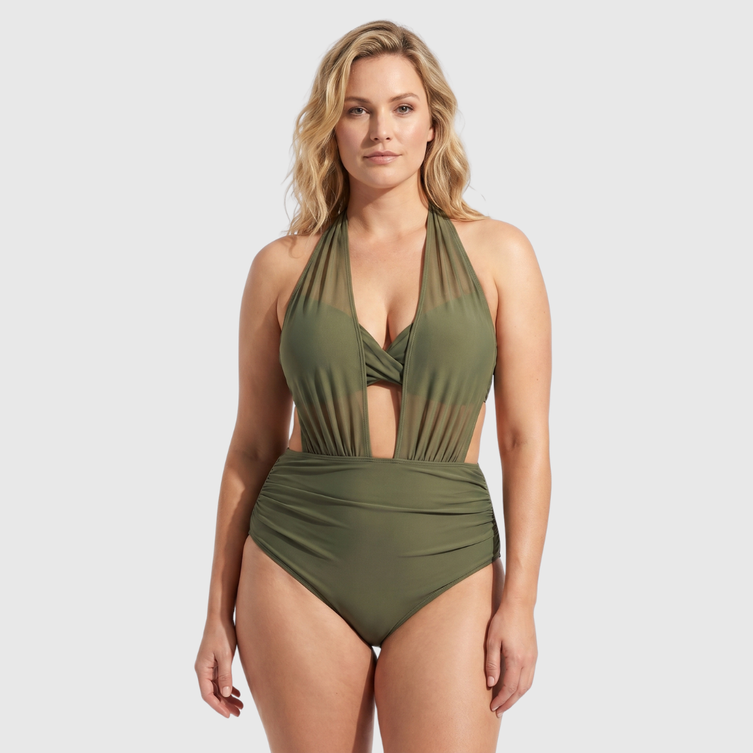 Green halter 2-in-1 tummy control bikini with front cutout and high-waist bottoms
