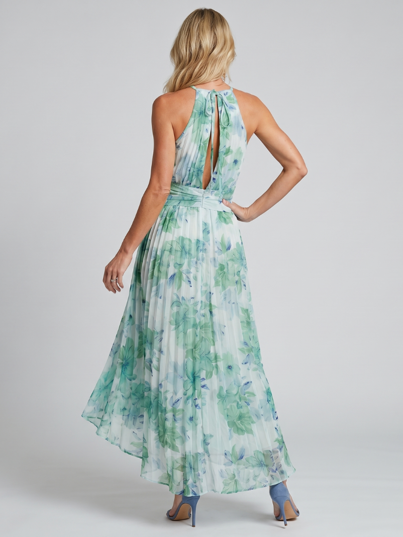 Green floral pleated halter maxi dress, open back with tie and ruched waist