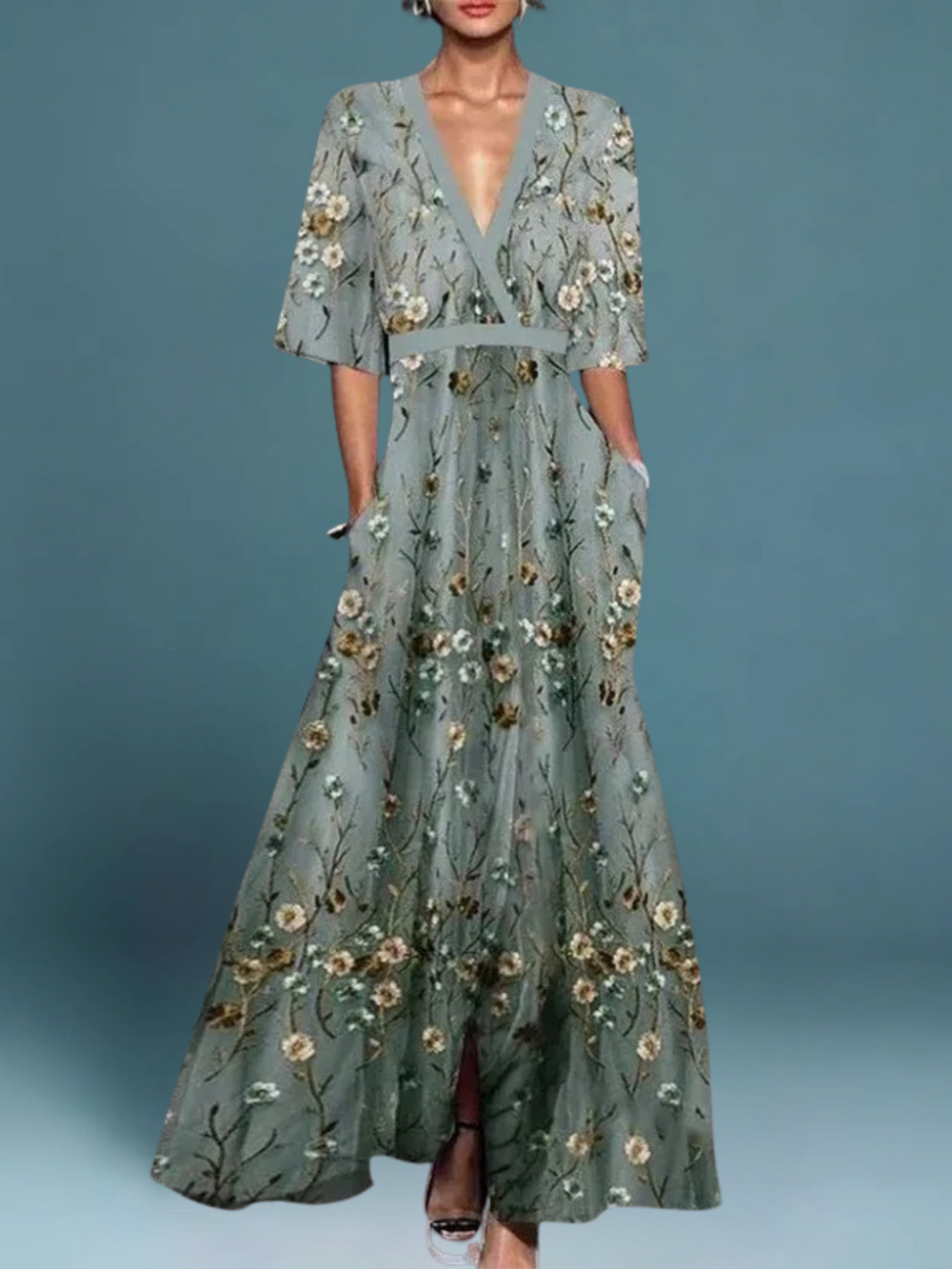 Floral maxi dress with V-neck, short sleeves, elastic waist, sage green base with gold flowers