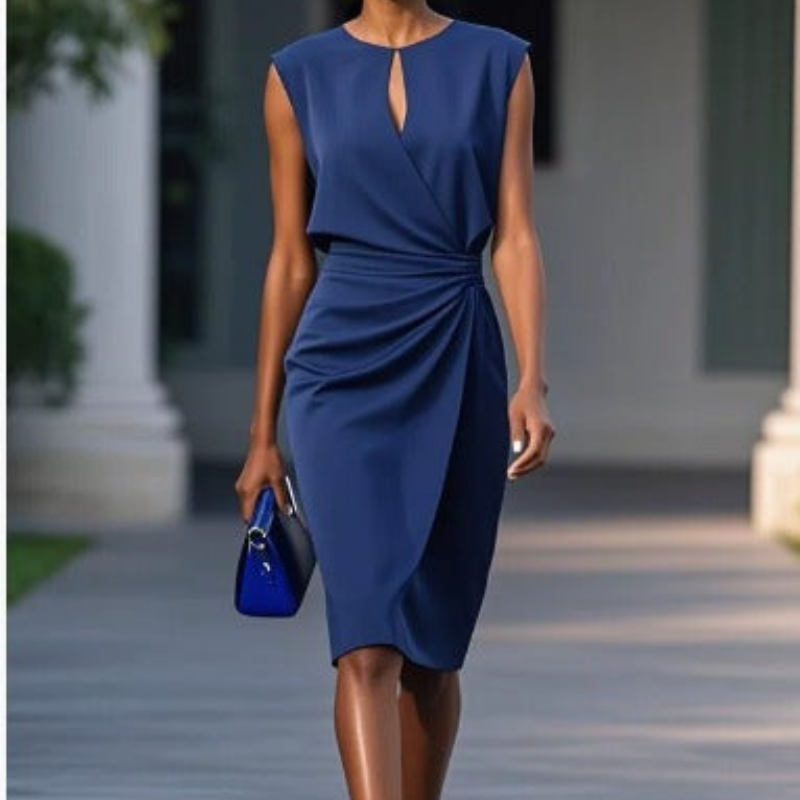 Dark blue draped sheath dress with keyhole neckline and twisted waist detail