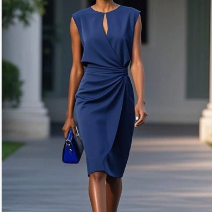 Dark blue draped sheath dress with keyhole neckline and twisted waist detail