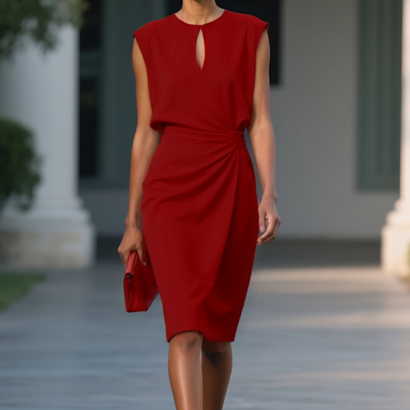 Red draped sheath dress with keyhole neckline and twisted waist knot