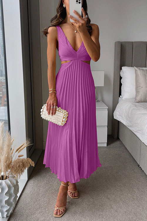 Purple sleeveless pleated maxi dress with V-neck and cut-out waist detail