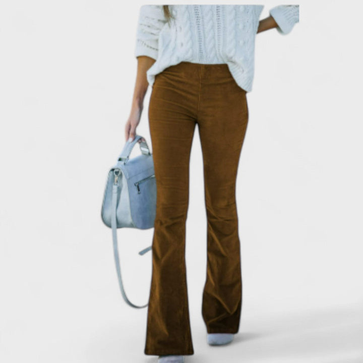 Flared corduroy trousers, olive-brown with vertical corduroy ridges