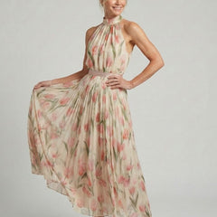 Floral halter-neck midi dress with pleated skirt and flowing sheer-like layers