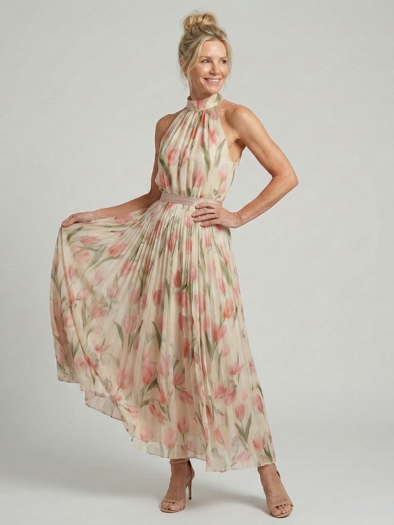 Floral halter-neck midi dress with pleated skirt and flowing sheer-like layers