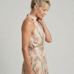 Floral halter-neck midi dress with high neckline and pink tulip-like prints, sleeveless