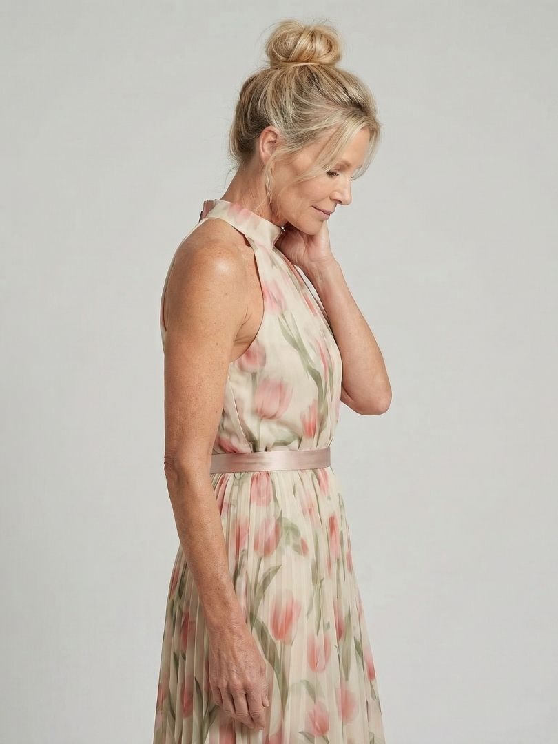 Floral halter-neck midi dress with high neckline and pink tulip-like prints, sleeveless