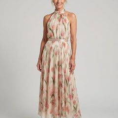 Floral halter-neck midi dress, sleeveless with pink and green blooms on light fabric