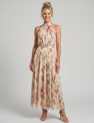 Floral halter-neck midi dress, sleeveless with pink and green blooms on light fabric