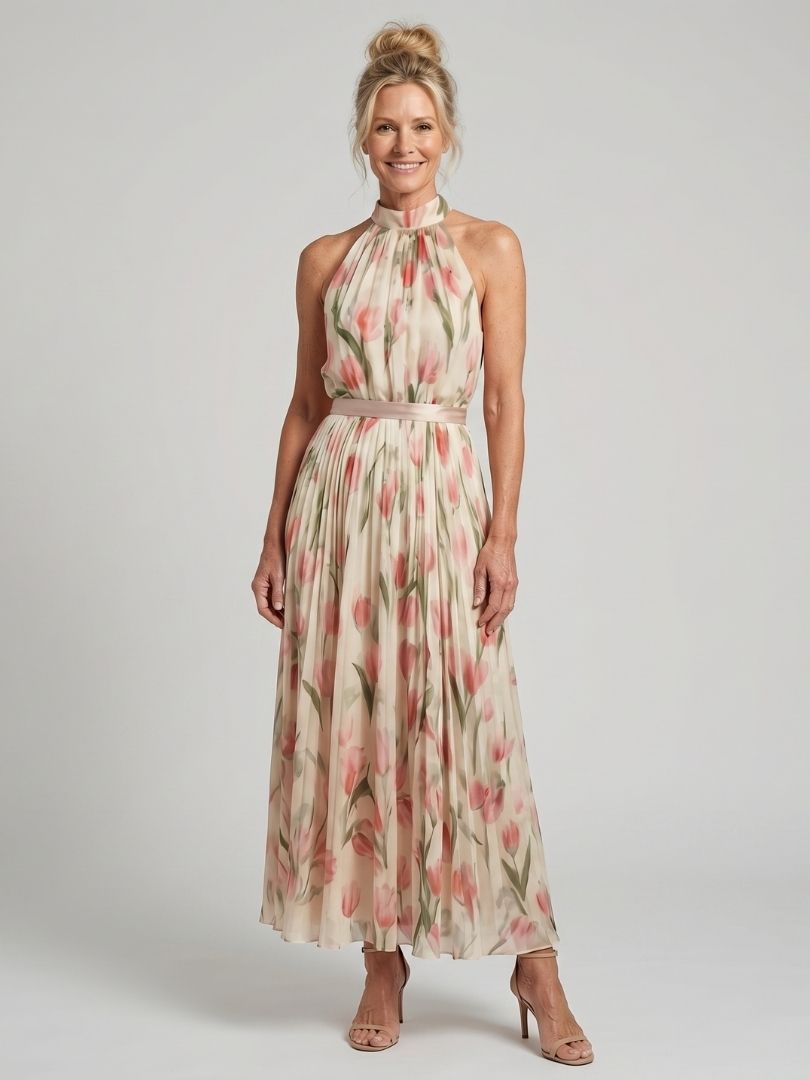 Floral halter-neck midi dress, sleeveless with pink and green blooms on light fabric