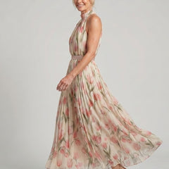 Floral halter-neck midi dress, fitted waist belt and full chiffon skirt in pastel blooms