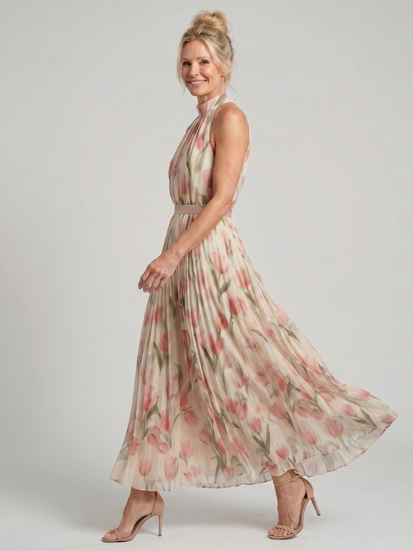 Floral halter-neck midi dress, fitted waist belt and full chiffon skirt in pastel blooms