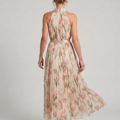 Back view floral halter-neck midi dress with halter straps and gathered waist