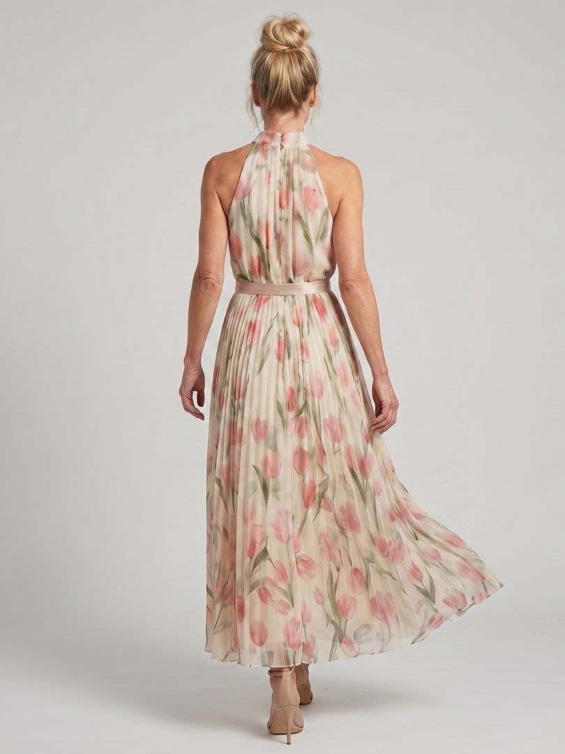 Back view floral halter-neck midi dress with halter straps and gathered waist