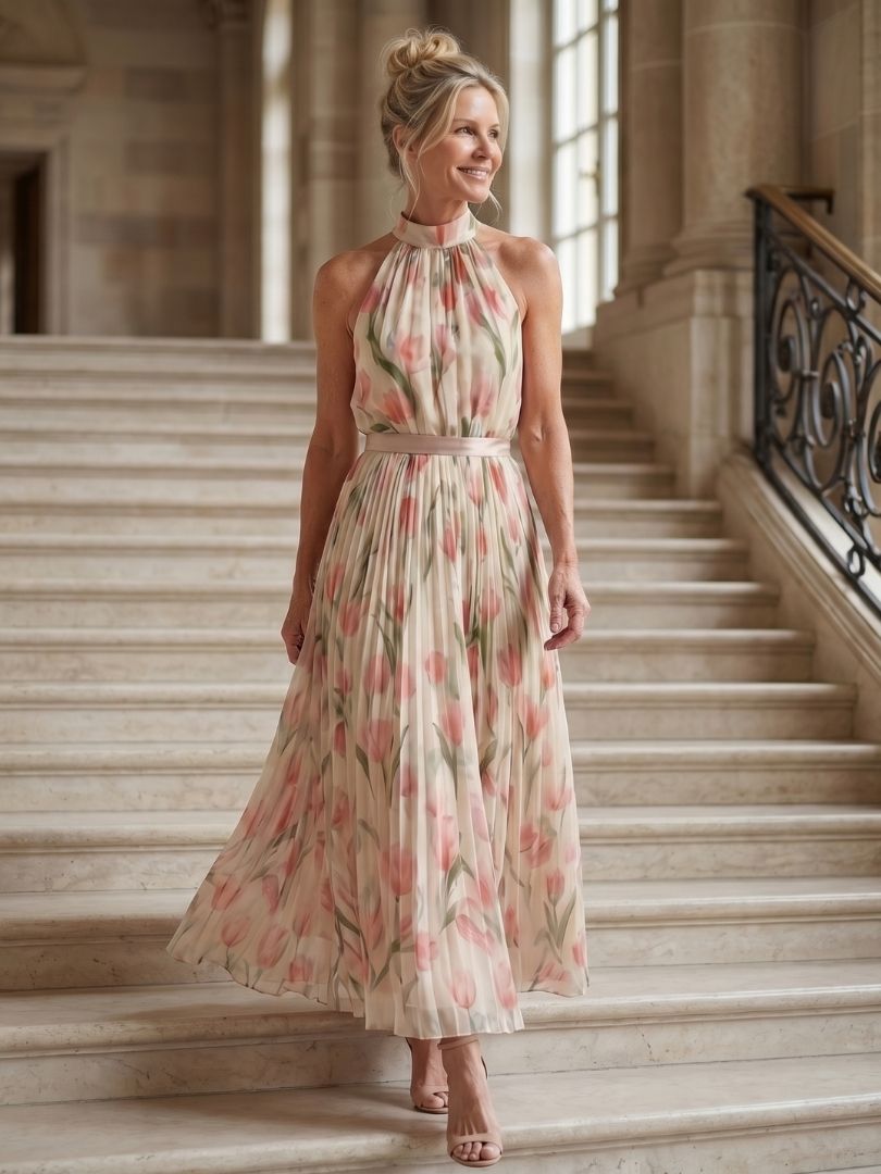 Floral halter-neck midi dress with high neckline and flowing pleated hem