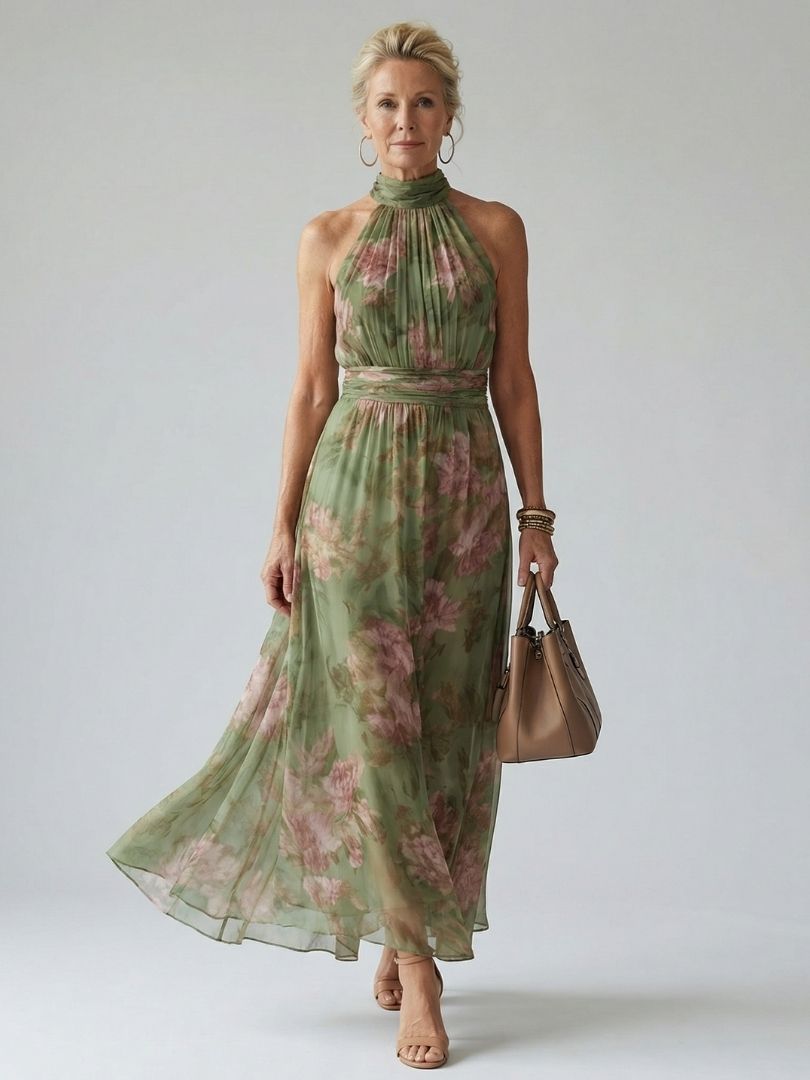 Sage green halter midi dress with gathered waist and pink floral print