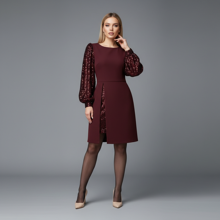 Burgundy fitted dress with sheer sequin balloon sleeves and straight neckline
