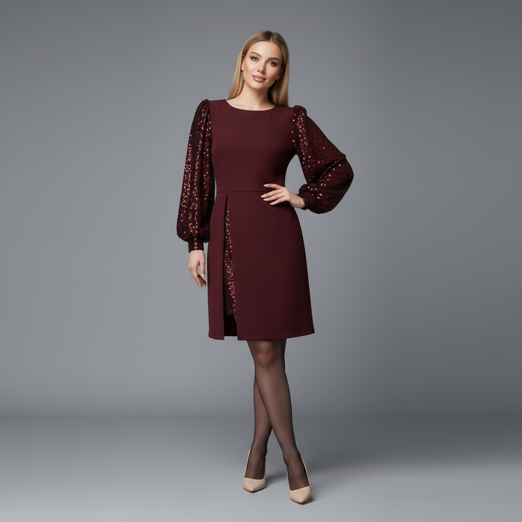 Burgundy knee-length sheath dress with sheer sequin sleeves and side slit