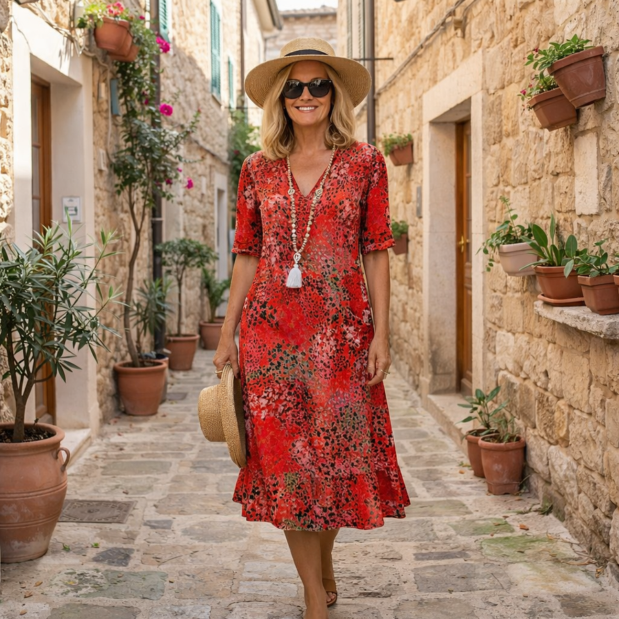 Scarlet red printed V-neck midi dress with half sleeves and tassel trim detail