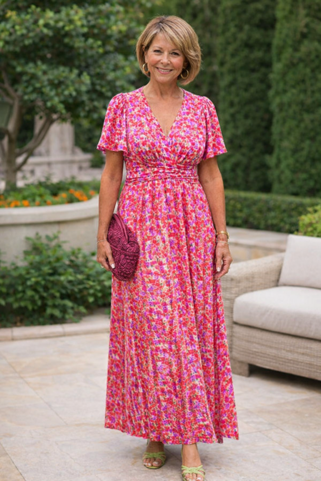 Pink-red floral summer dress with short sleeves, V-neck, and gathered waist