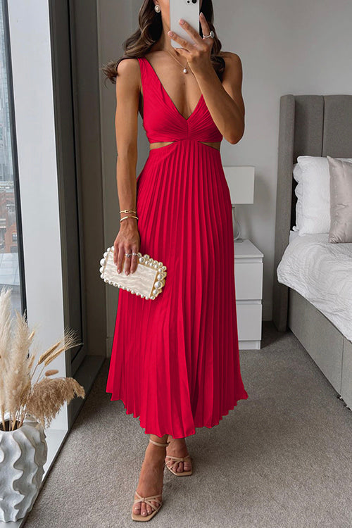 Red sleeveless pleated maxi dress with V-neck and cut-out waist detail