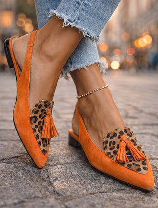 Orange suede tassel sandals with leopard-print panels and low black heel