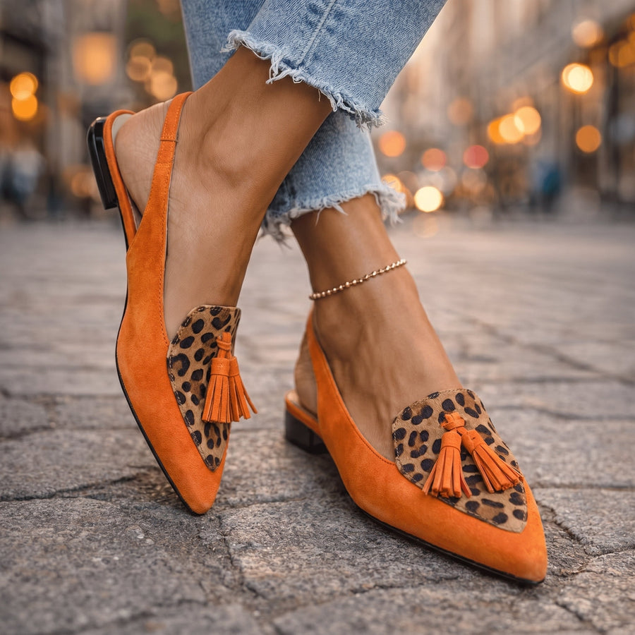 Orange suede tassel sandals with leopard-print panels and low black heel