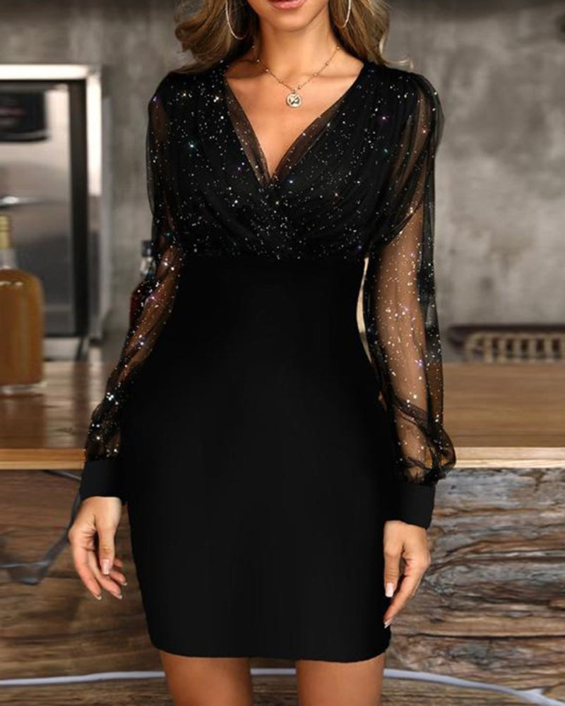 Elisa™ black bodycon dress with V-neck and sheer glitter mesh long sleeves