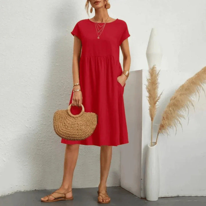 Mira™ relaxed midi dress, red, short sleeves, scoop neck, gathered waist