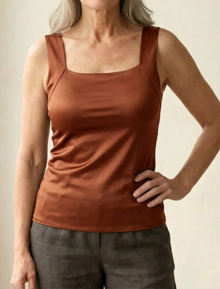 Roxy built-in comfort bra tank top in rust brown, square neck, thin straps