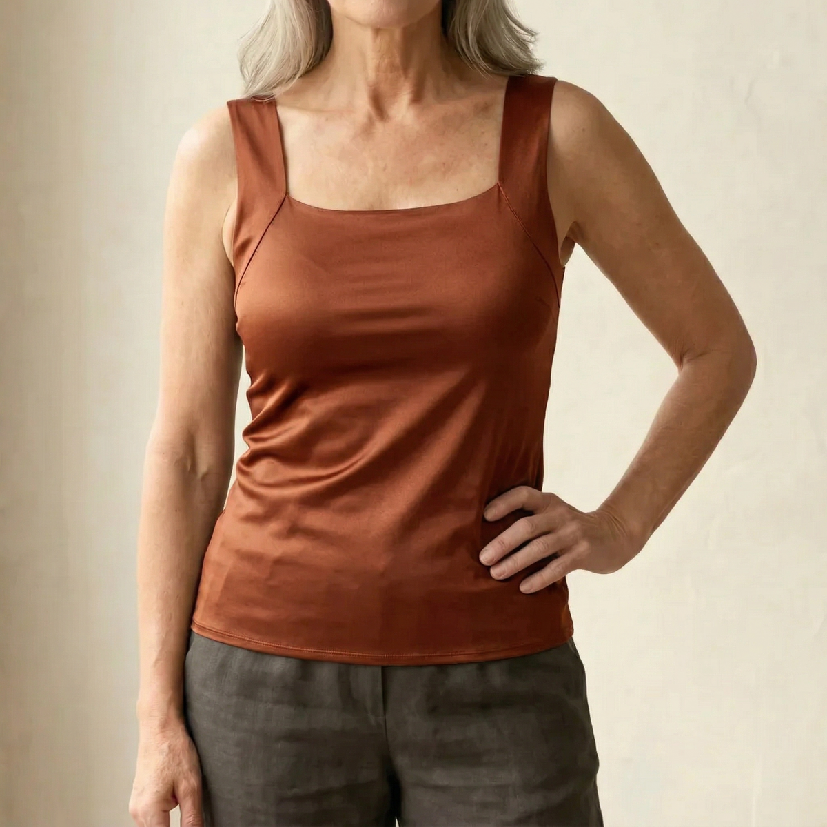 Roxy built-in comfort bra tank top in rust brown, square neck, thin straps