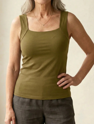Roxy built-in comfort bra tank top in olive green, square neck, thin straps