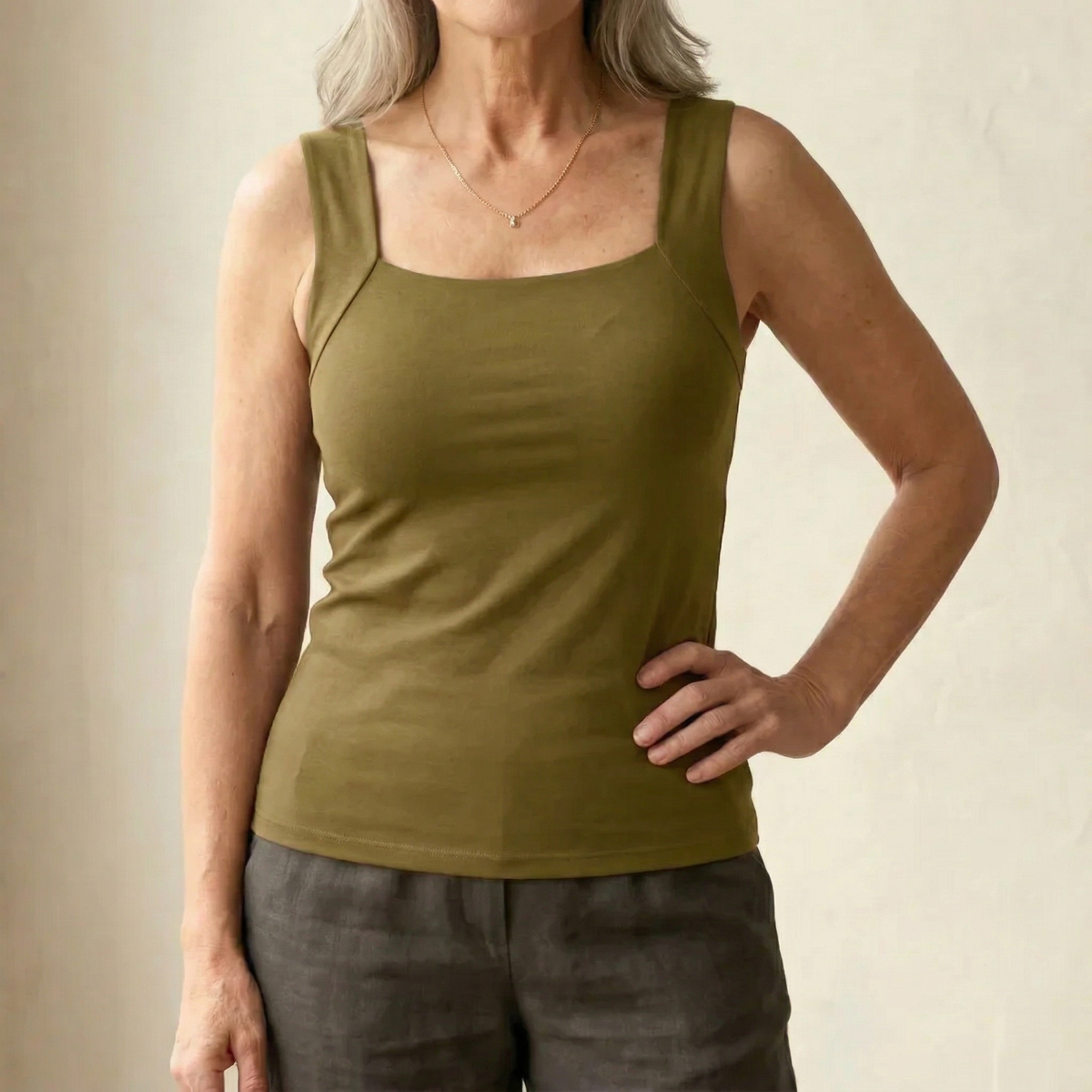 Roxy built-in comfort bra tank top in olive green, square neck, thin straps