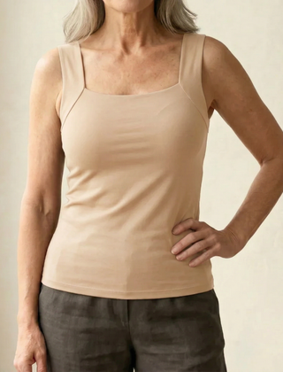 Roxy built-in comfort bra tank top in nude, square neck, thin straps