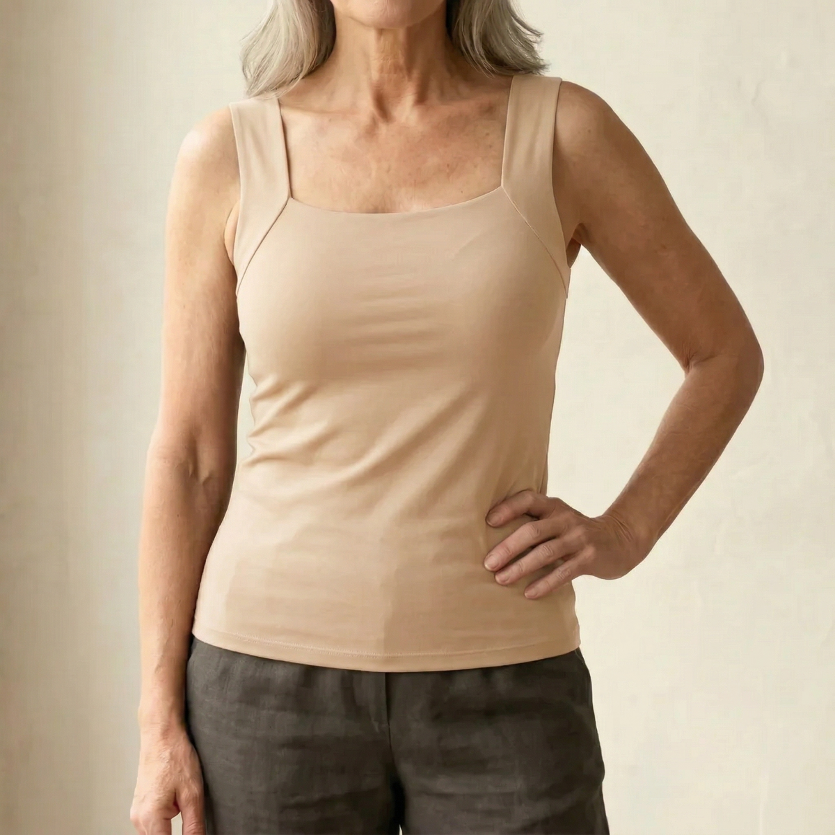 Roxy built-in comfort bra tank top in nude, square neck, thin straps