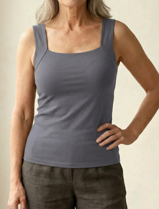 Roxy built-in comfort bra tank top in slate blue, square neck, thin straps