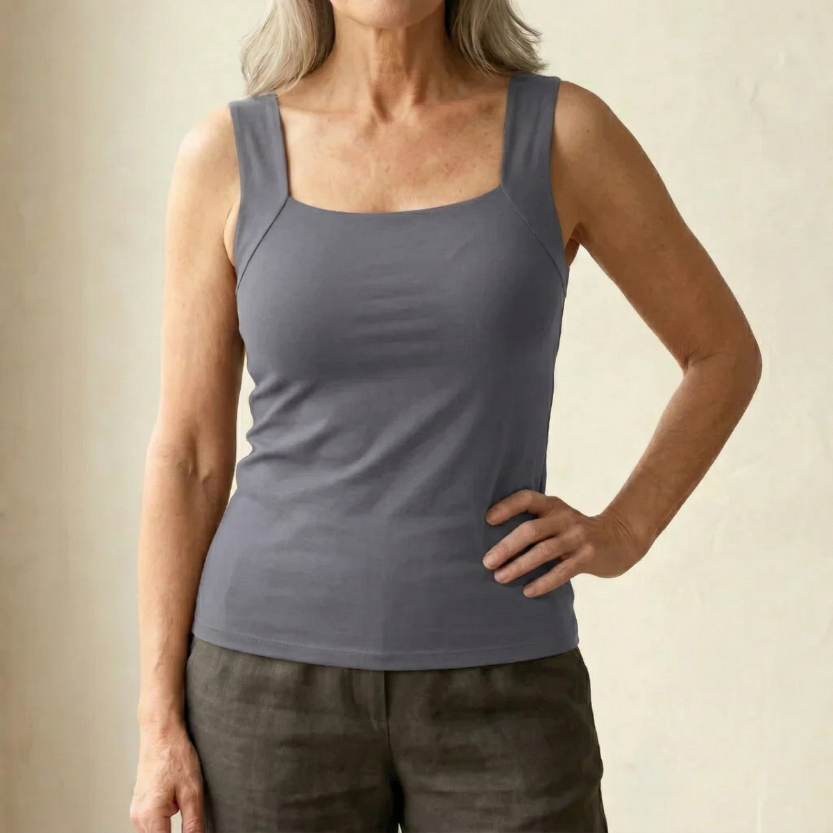 Roxy built-in comfort bra tank top in slate blue, square neck, thin straps