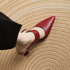 Maroon genuine leather slingback heels, pointed toe and rose buckle on ankle strap