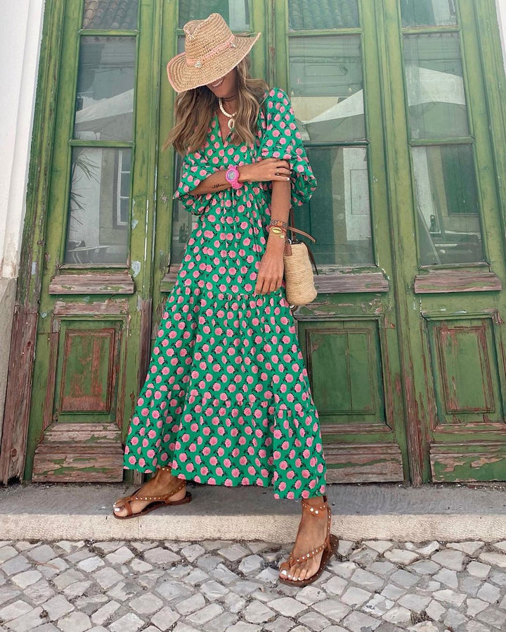 Purple bohemian long dress with pink floral print, V-neck, puff sleeves, midi length