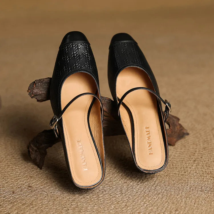 Black leather mules with pointed toe, slingback strap, low block heel